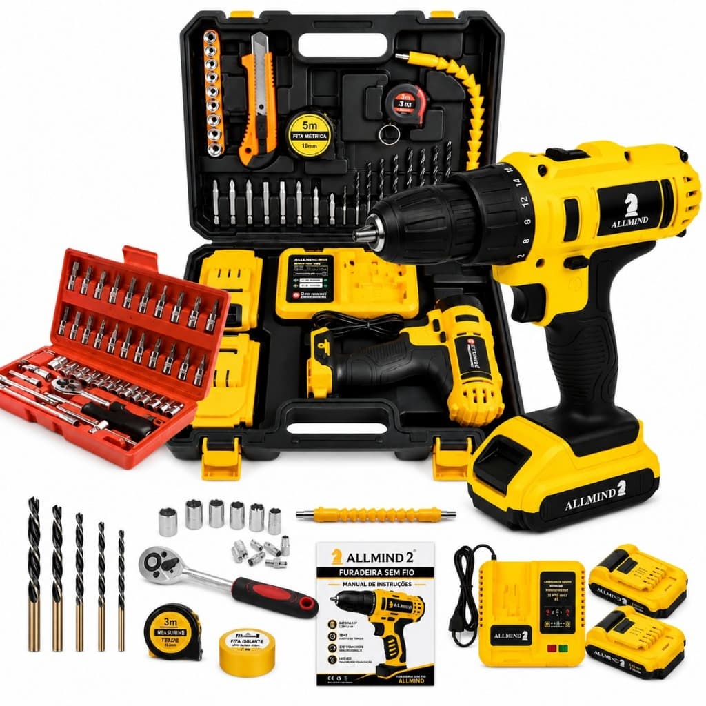 Kit Furadeira Parafusadeira Profissional 25V Brushless Bivolt com Acessórios E Maleta Soquete