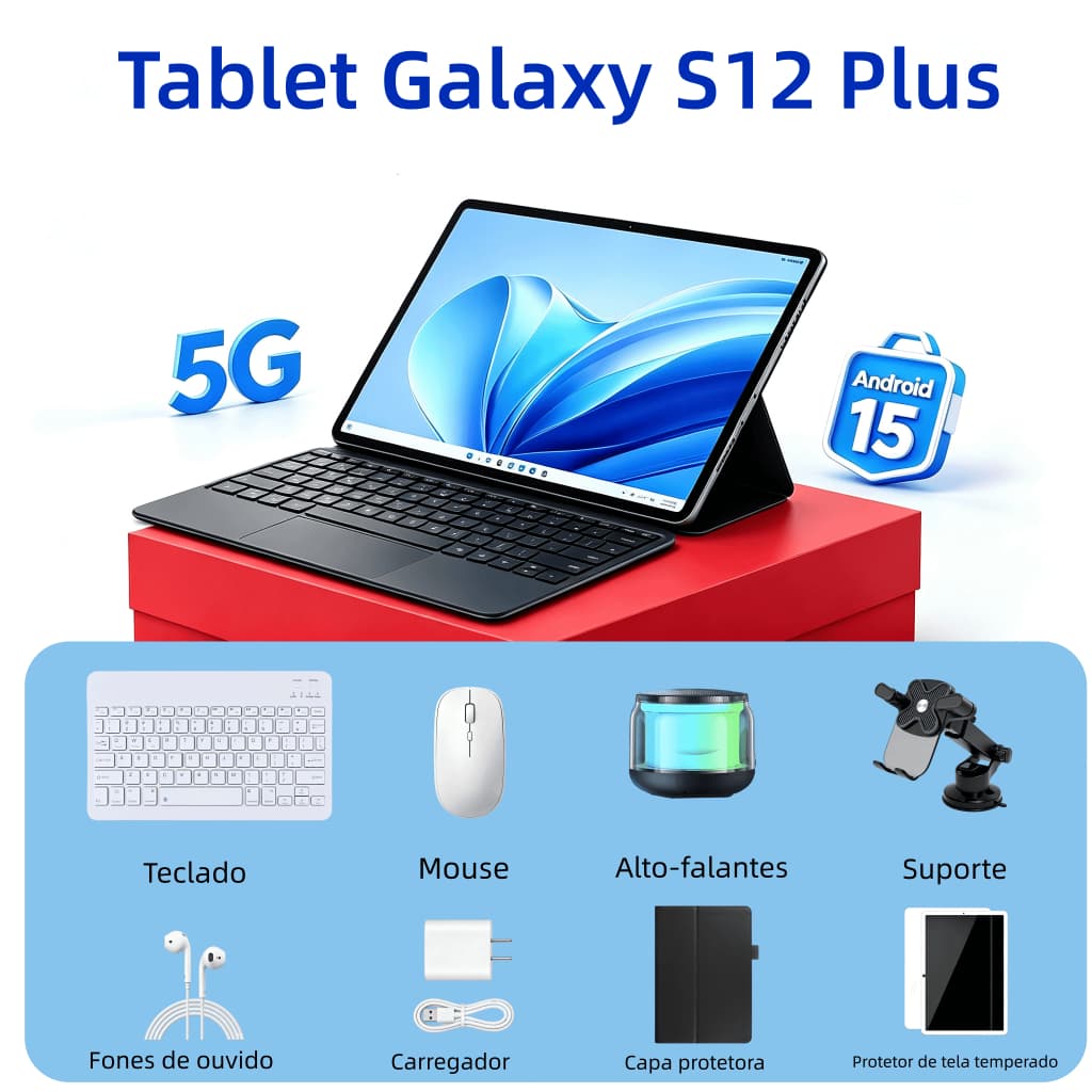 [Teclado e mouse grátis] Tablet S12 Plus 12.8polegadas, 16 GB + 512 GB, bateria de 12000 mAh, Android 5G – envio rápido