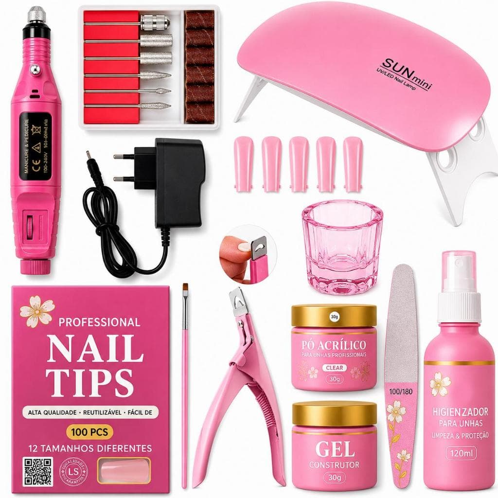 Kit Unha de Gel Completo Manicure Iniciante Básico Cabine Lixadeira Caneta Polygel Alicate Cortador de Unhas Tips