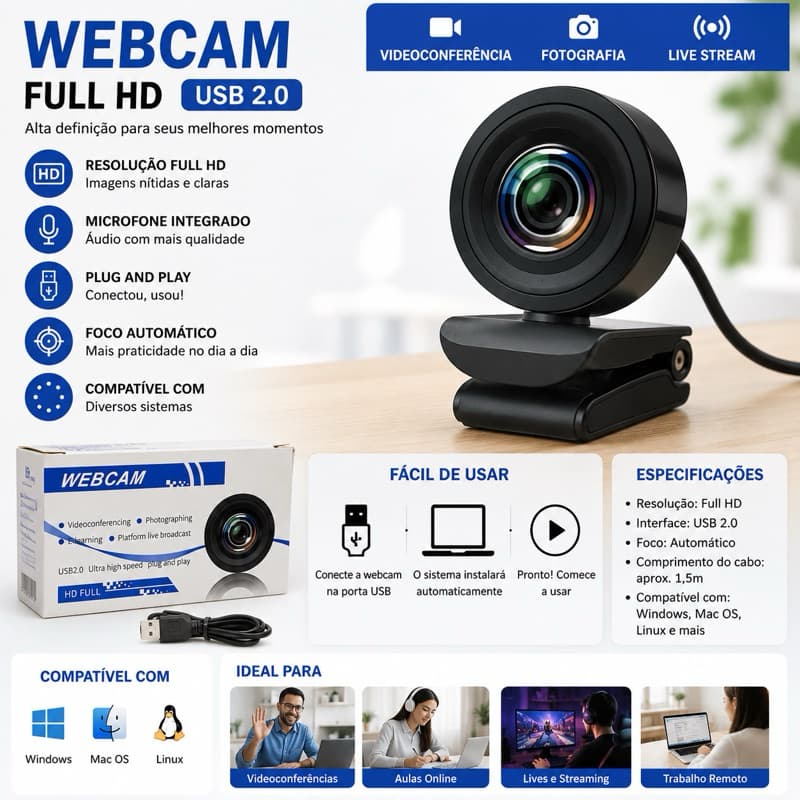 Webcam Full HD USB 2.0 para PC e Notebook, Câmera para Videochamada, Aula Online e Live, Plug and Play