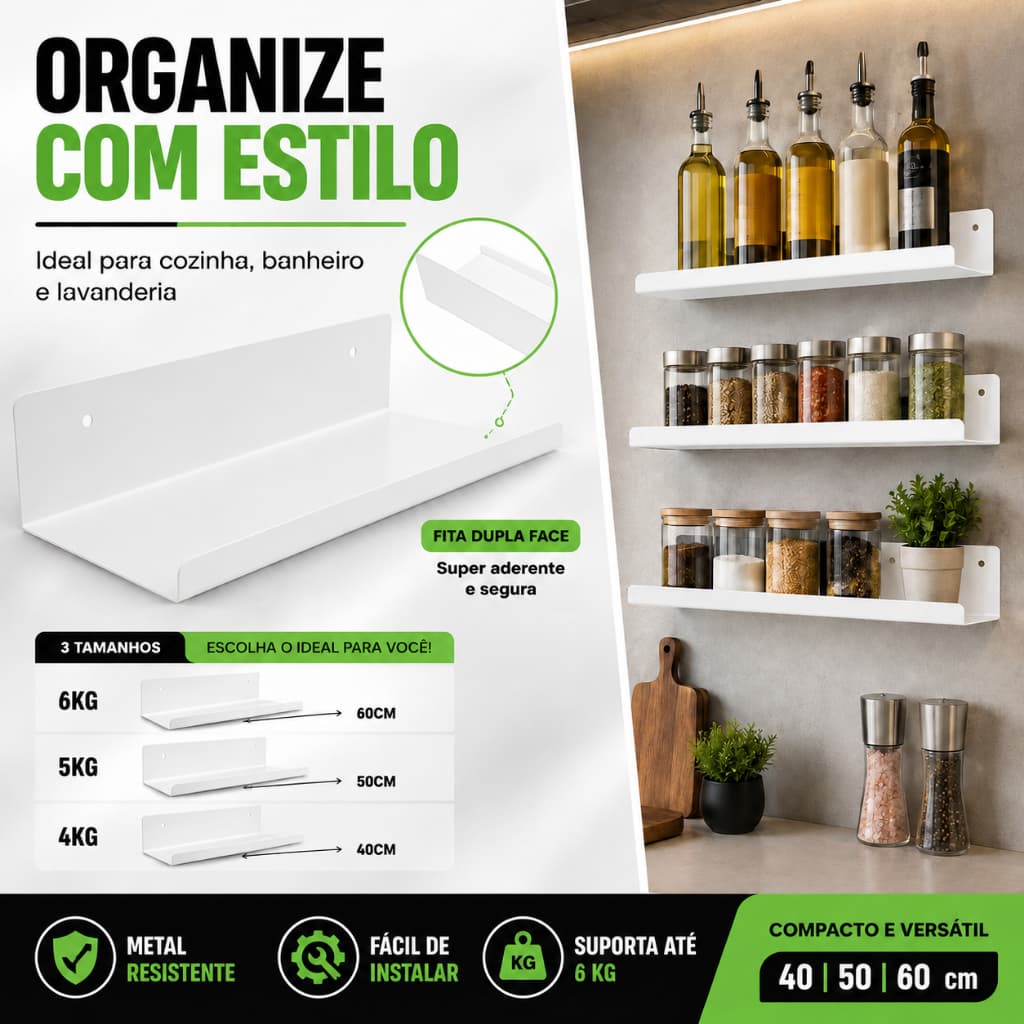 Prateleira Metálica Adesivo Decorativo Cozinha Temperos Perfumes Decorações Dupla Face ou Parafusos