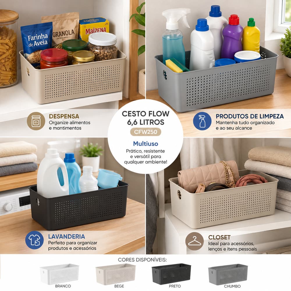 Cesto organizador 6,6L Flow OU - lavanderia produtos de limpeza, banheiro, roupas, closet, alimentos despensa, brinquedo