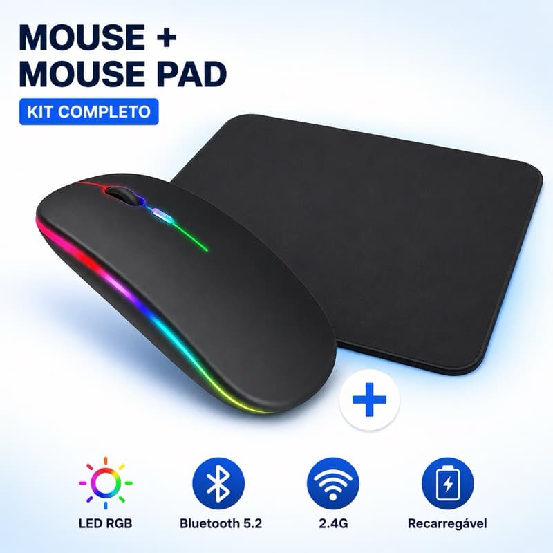 Mouse Sem Fio Bluetooth 5.2 2.4G Recarregável LED RGB com Mouse Pad Kit Completo