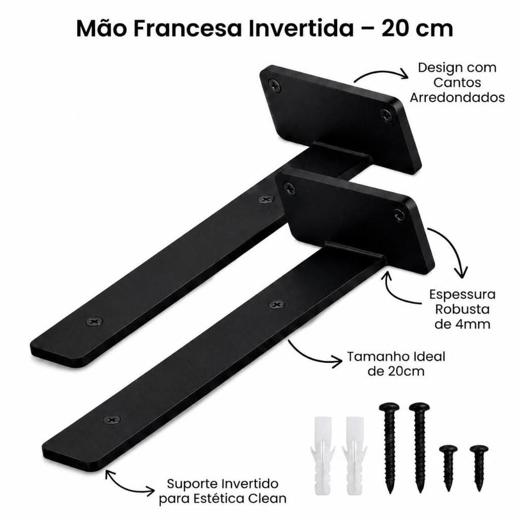 Mão Francesa Invertida 20cm Kit 2 Suportes Prateleira Parede Aço Preto