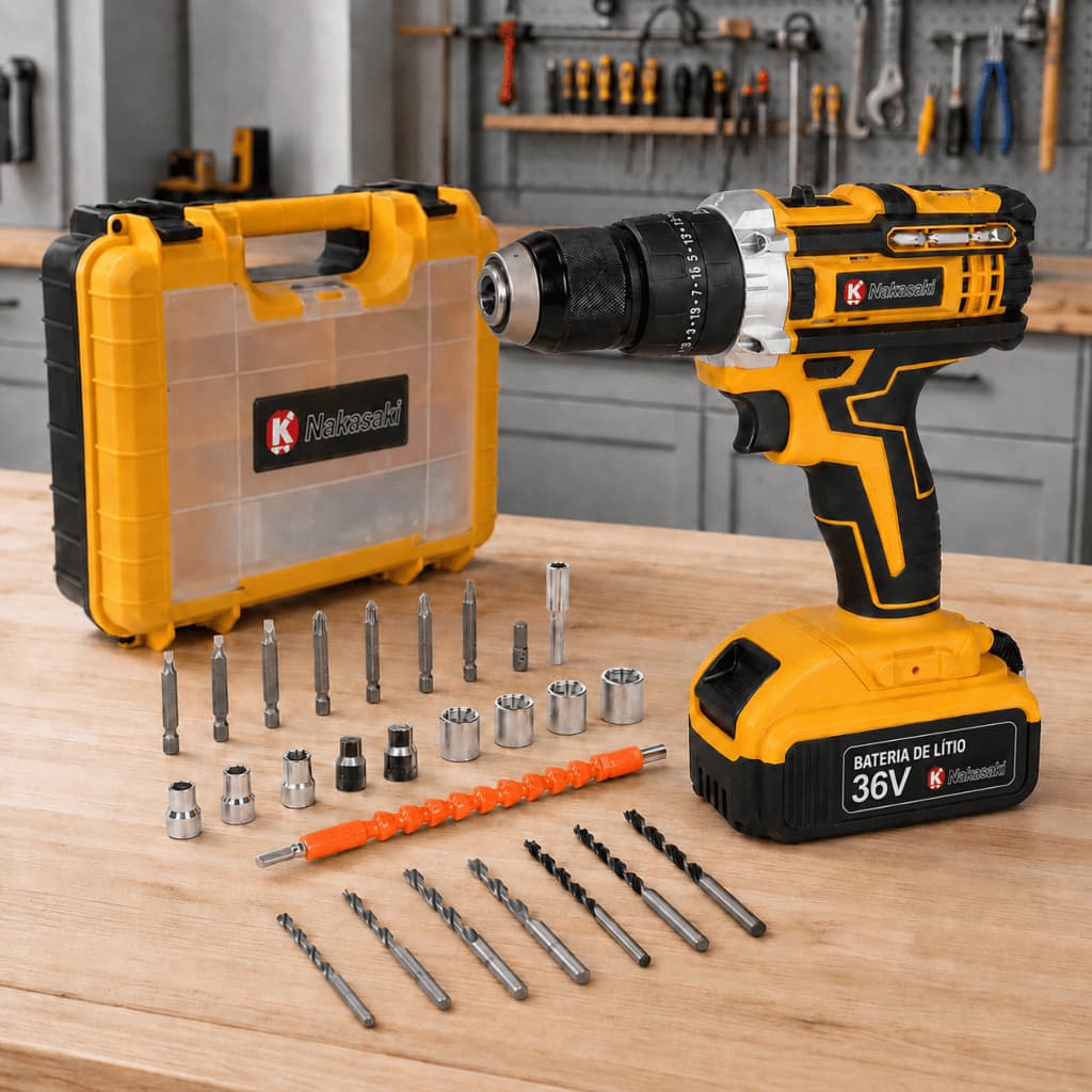 Parafusadeira e Furadeira de Impacto Profissional 36V Sem Fio Mandril 13mm Nakasaki Com Maleta