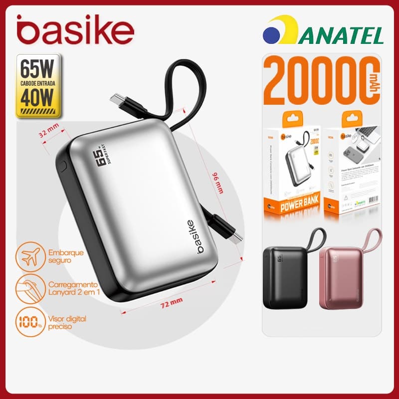 Basike Power Bank Turbo 20000mAh 65W TurboCharge，Carregador Portátil Rápido com Cabo Incluso e Display Digital，b203b