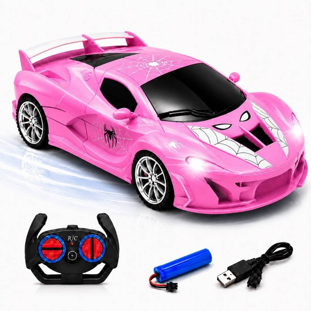 Carrinho Controle Remoto Spider Rosa Infantil Carro Esportivo Recarregável com Farol LED