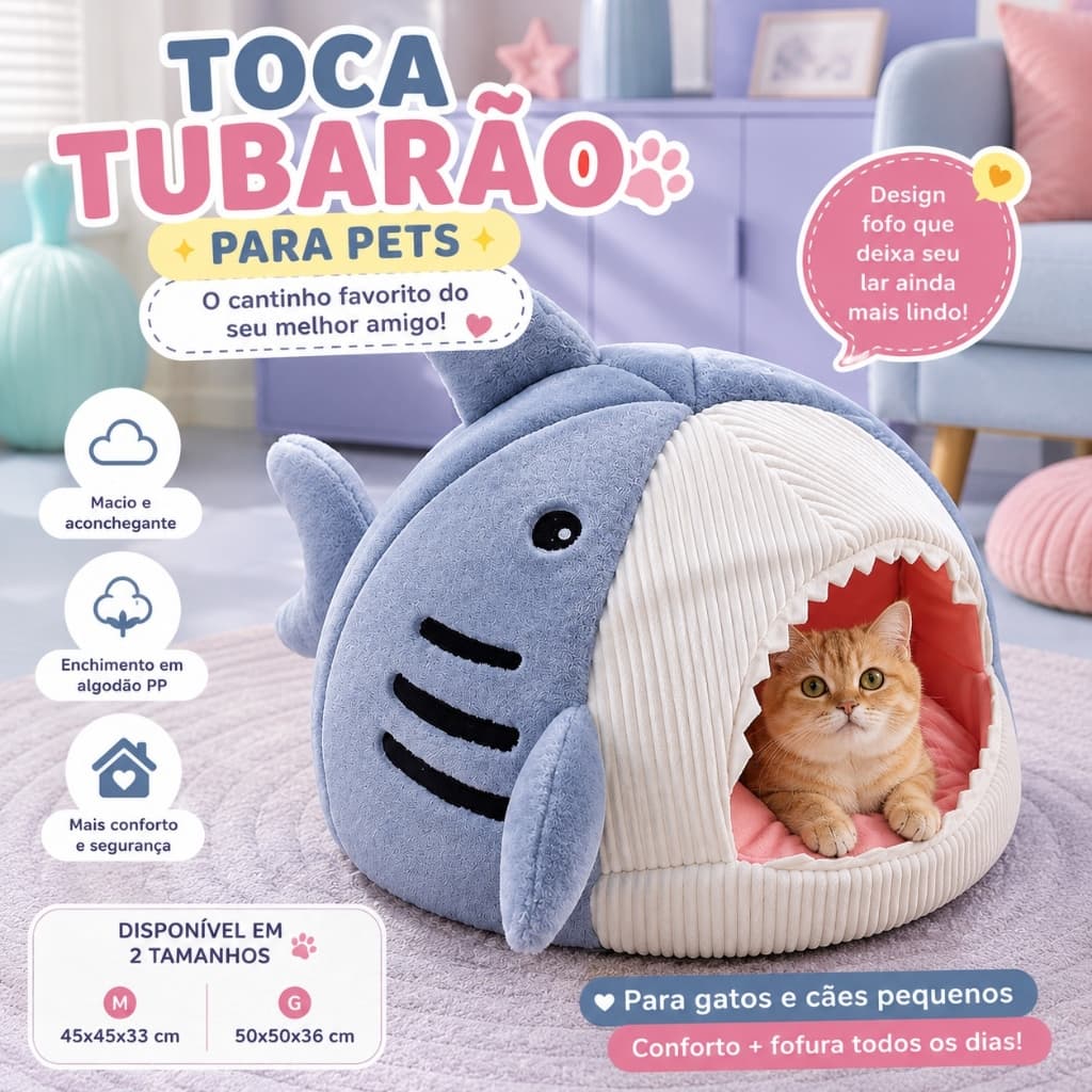 Cama Toca para Gatos e Cães Pequenos Formato Tubarão, Caminha Pet Macia Acolchoada com Algodão PP, Casinha para Pet M/G