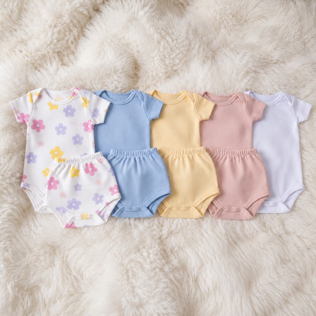 Conjunto de Bebê Boddy de Botão Gola Envelope e Shorts Tapa Fralda Menino e Menina