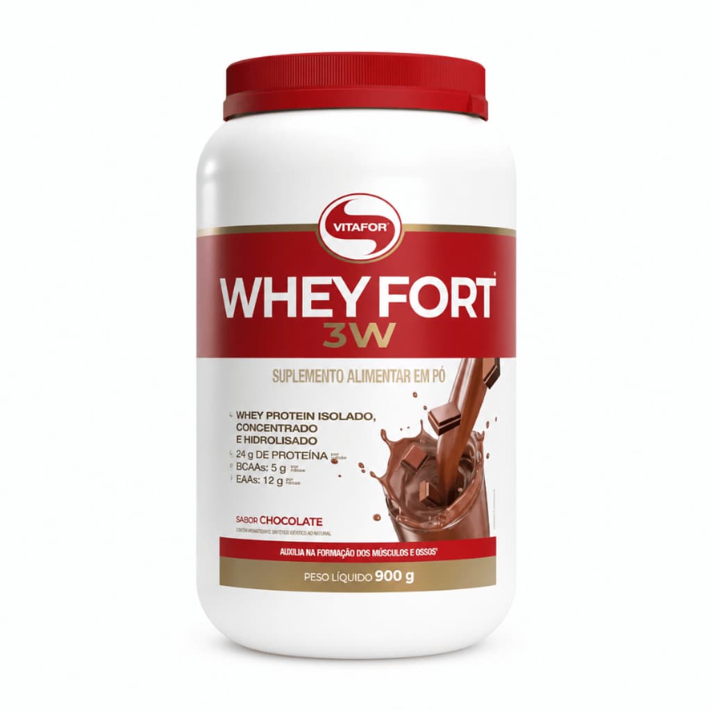 Whey Protein 3W Vitafor Whey Fort Chocolate 900g 24g Proteína BCAAs EAAs WPC WPI WPH
