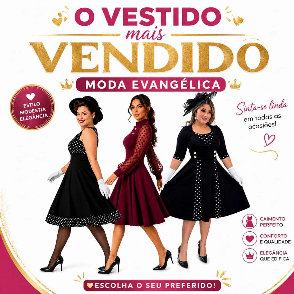 Vestidos Moda Evangélica Gospel Rodado Evasê Plus Size  Roupa Vestido Bolinhas Poá Godê Vintage anos 60 70