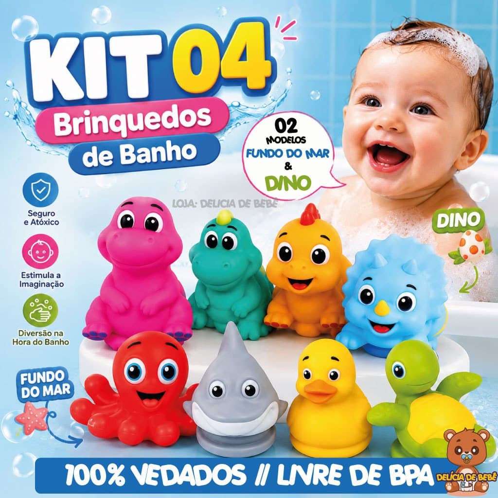 Brinquedo Banho Bebê Patinho Dino - Flutuante Macio Água Banheira Piscina Vila Toy