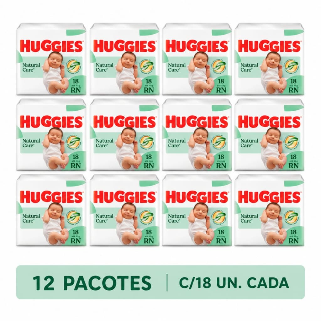 Fralda huggies natural care RN recém nascido com 12 pacotes