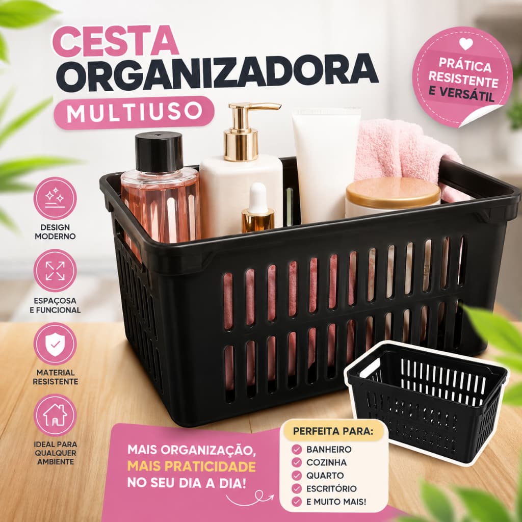KIT DE 02 - 04 CESTO MULTIUSO ORGANIZADOR PLÁSTICO MÉDIO - BANHEIRO, COZINHA, QUARTO, CASA, LAVANDERIA