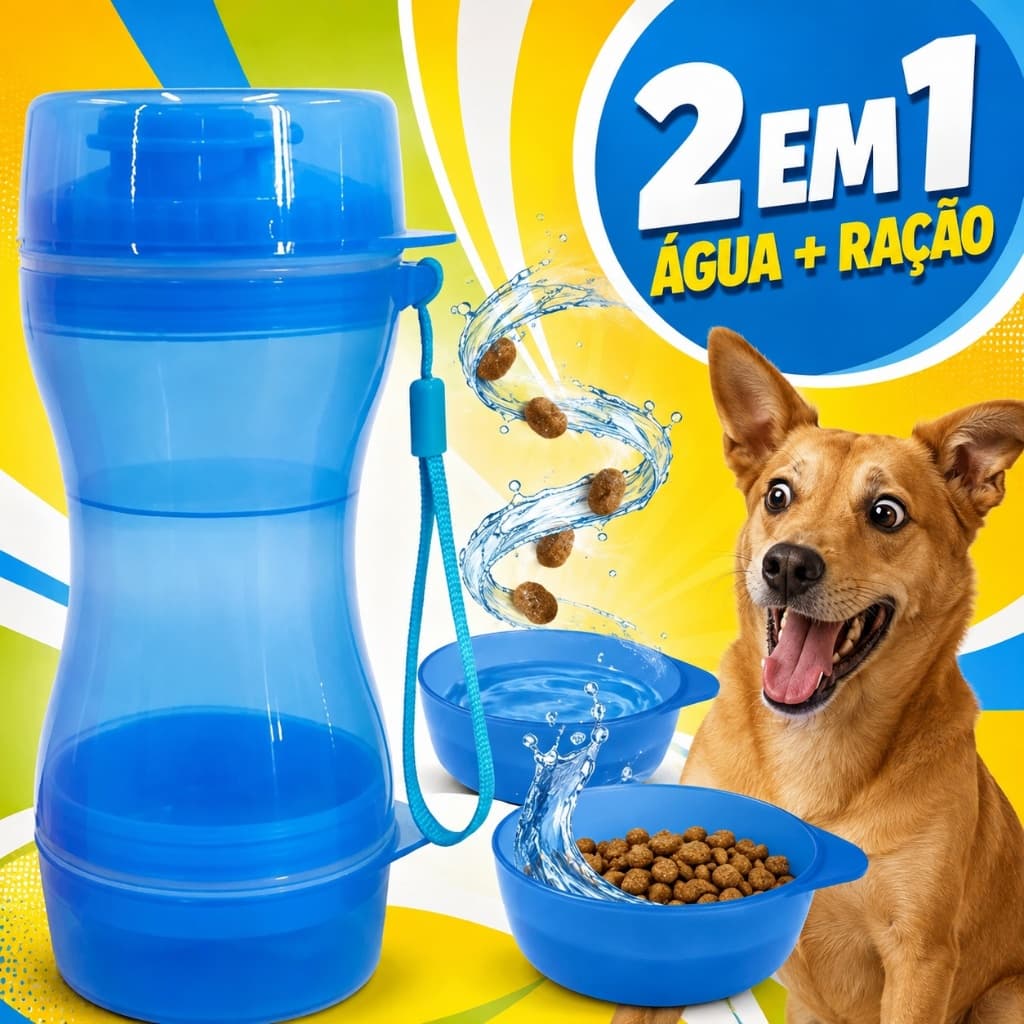 Garrafa Portátil Pet 2 em 1 Água e Ração 610ml Bebedouro Comedouro para Cachorro Gato Passeio Viagem