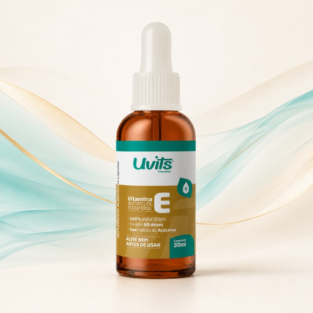 Vitamina E Líquida Sublingual em Gotas Uvits 30ml Antioxidante Acetato de Tocoferol Suplemento Adulto 60 Doses 100% VD
