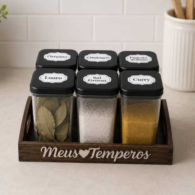 Bandeja Meus Temperos Organizadora 06 potes Mdf Mantimentos Condimentos