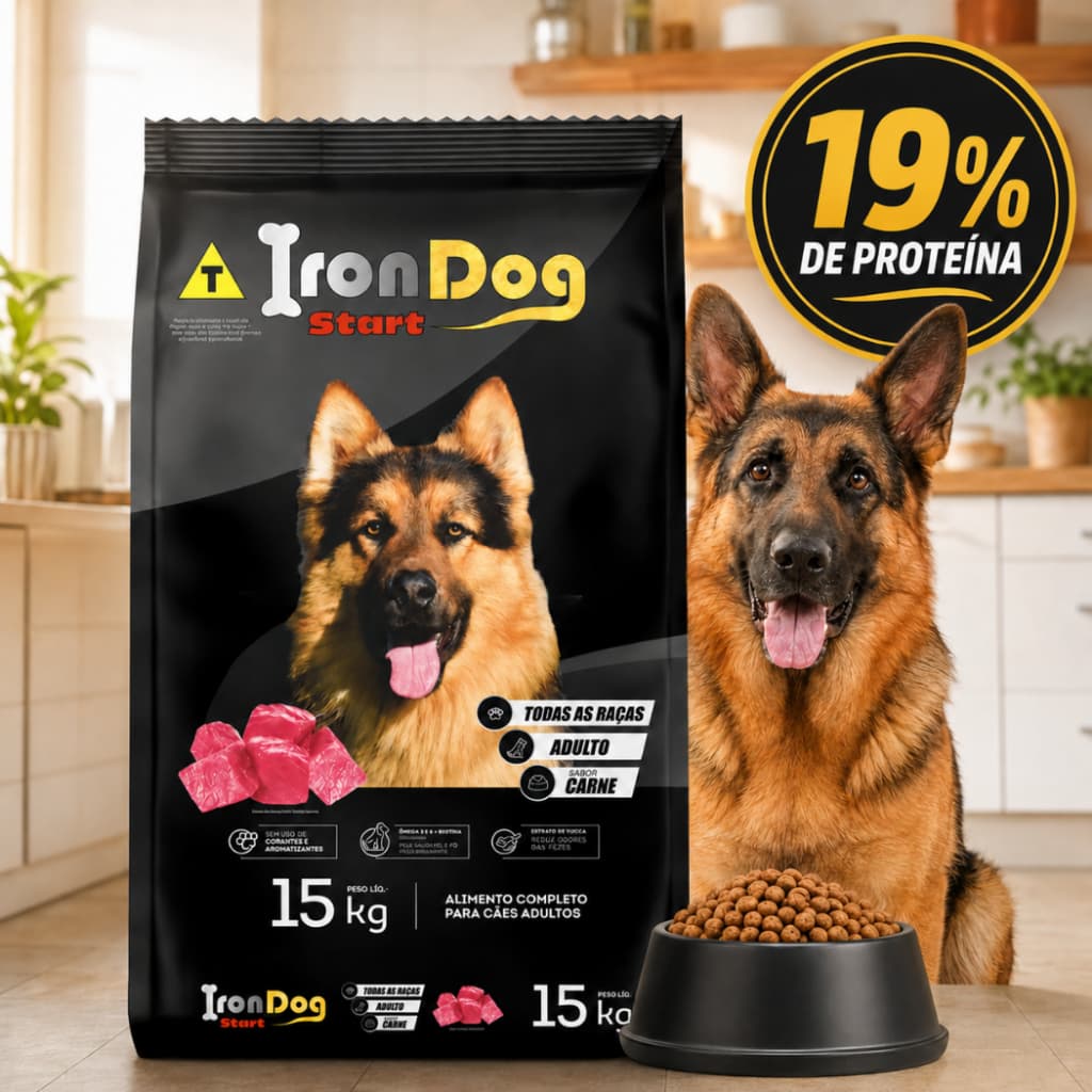 Ração para Cachorro Adulto Todas as Raças Sabor Carne 19% Proteína Iron Dog Start 15kg