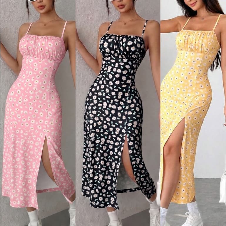 Vestido Justo feminino de Comprimento Médio com Fenda Lateral e Estampa Floral Miúda, Primavera/Verão