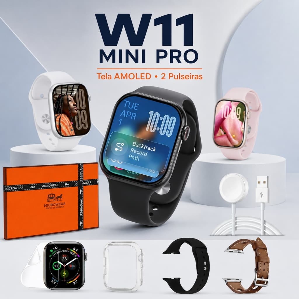 Relógio Inteligente SmartWatch 11 MiniPro Amoled Responde Redes Sociais Ligações Resistente a água