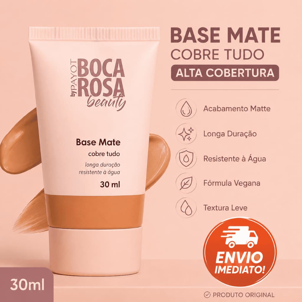 Base Mate Boca Rosa Beauty 30ml Cobre Tudo Alta Cobertura Matte Longa Duração Líquida Facial