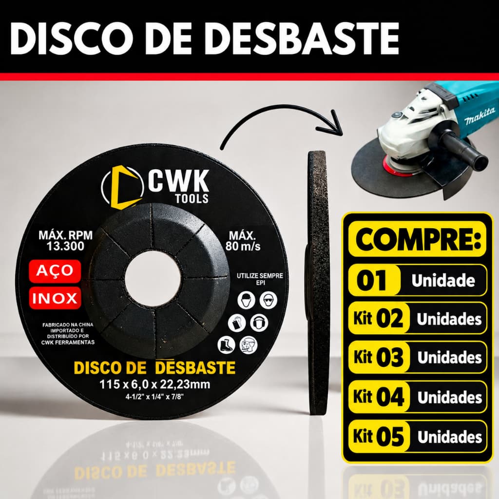 Disco de Desbaste  Lixadeira Esmerilhadeira Metal Aço Inox Ferro 4" polegadas 115x22mm