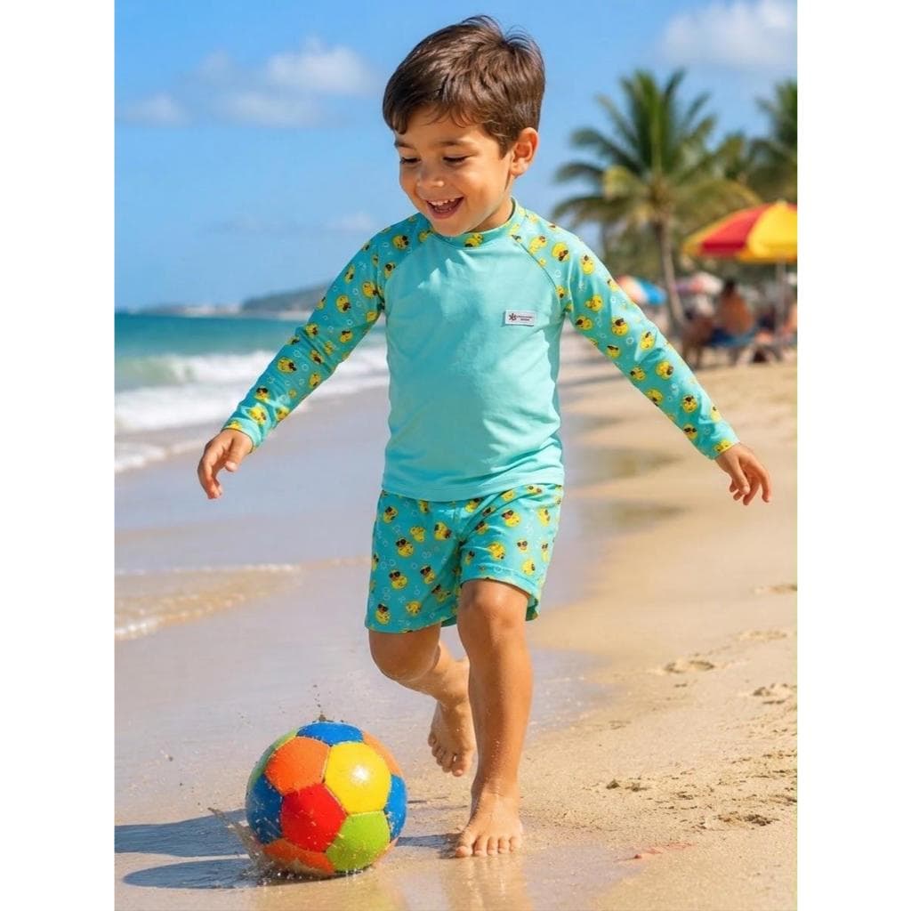 Conjunto Shorts + Camiseta Protecão UV 50 Infantil Manga Longa Natacão Moda Praia Personagem Desenho