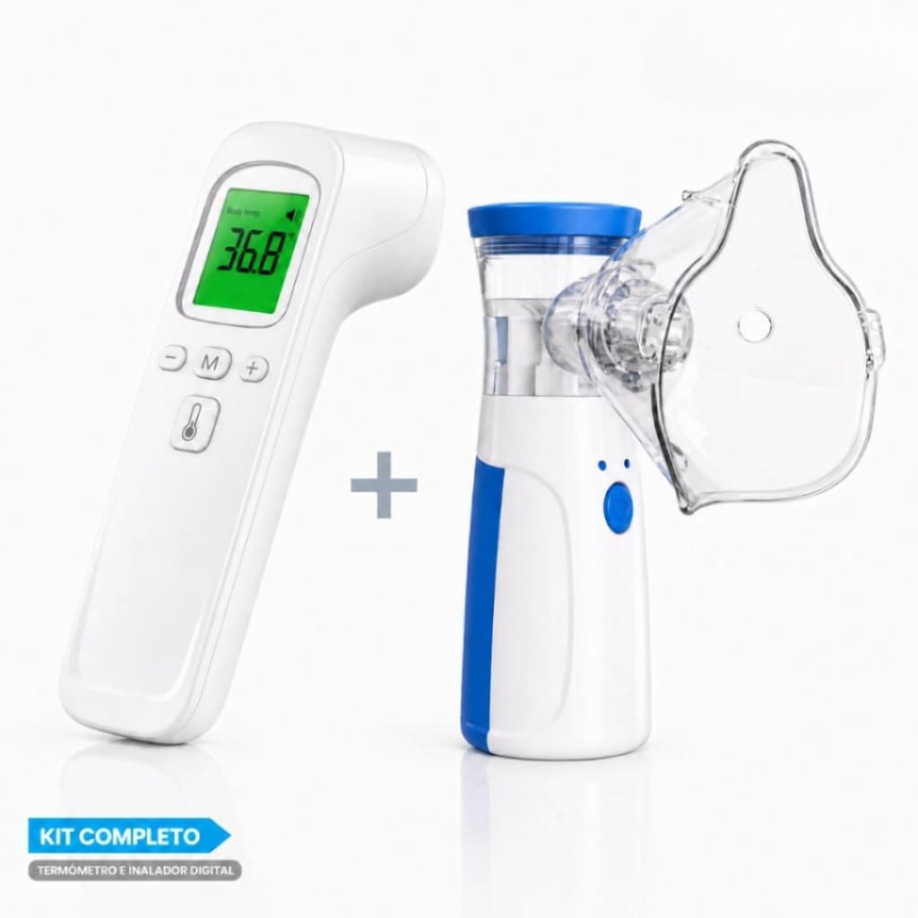 Kit Nebulizador Portátil Inalador + Termometro Digital Raios Infravermelho Adulto E Criança