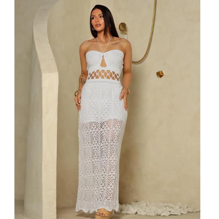 Vestido Longo Tricot Rendado Linha Festas Crochê Tomara que Caia Com Fendas Lançamento Cordão Decote