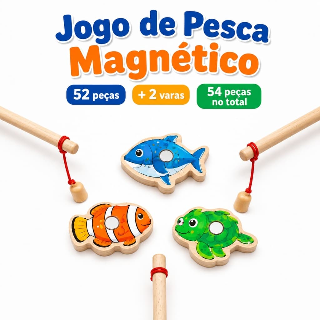 Jogo de Pesca Magnética de Madeira 33-54 Peças com 2 Varas Brinquedo Educativo 3+ Presente Meninos