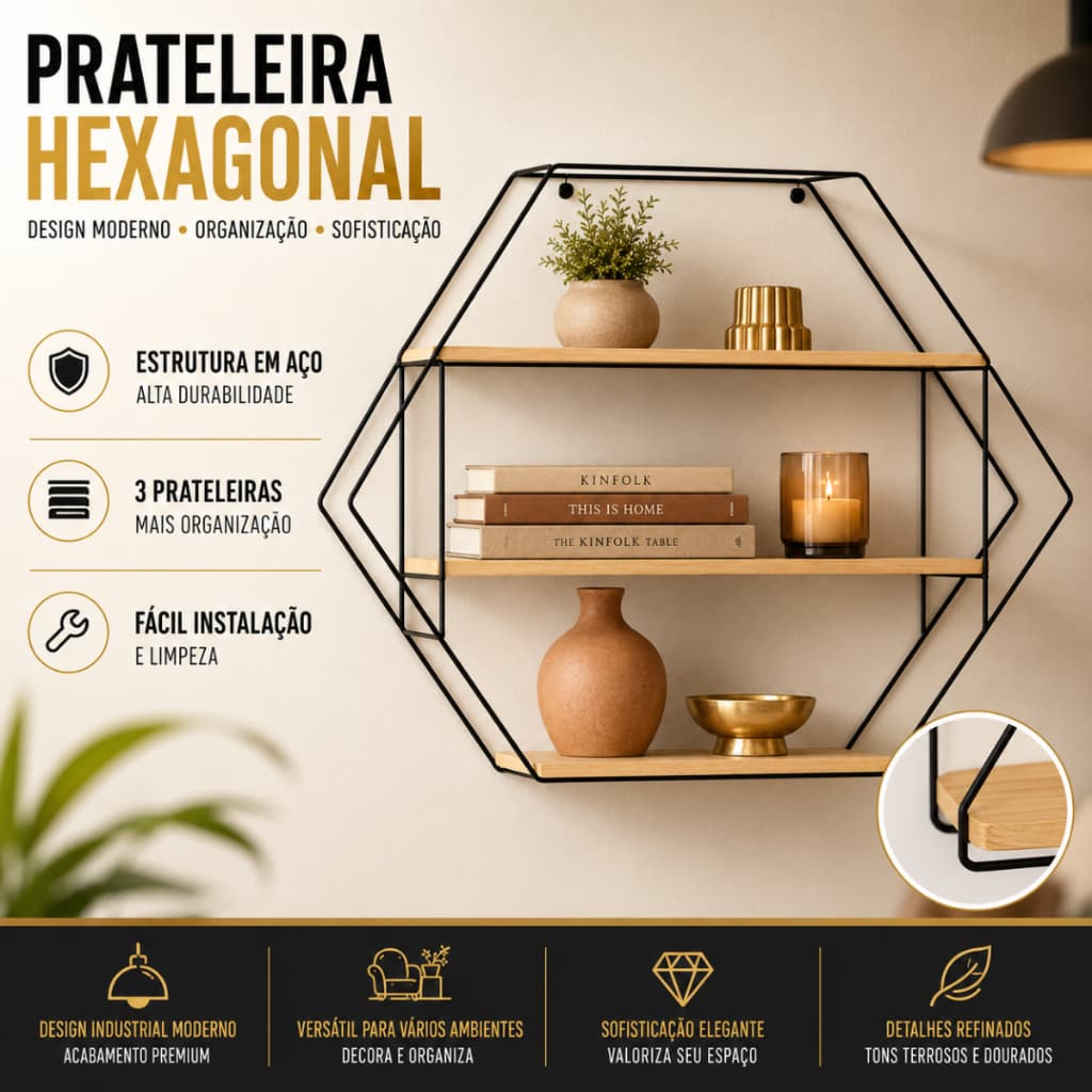 Prateleira de Parede Industrial Madeira com Suporte Metal Preto Organizador Cozinha Sala Escritório