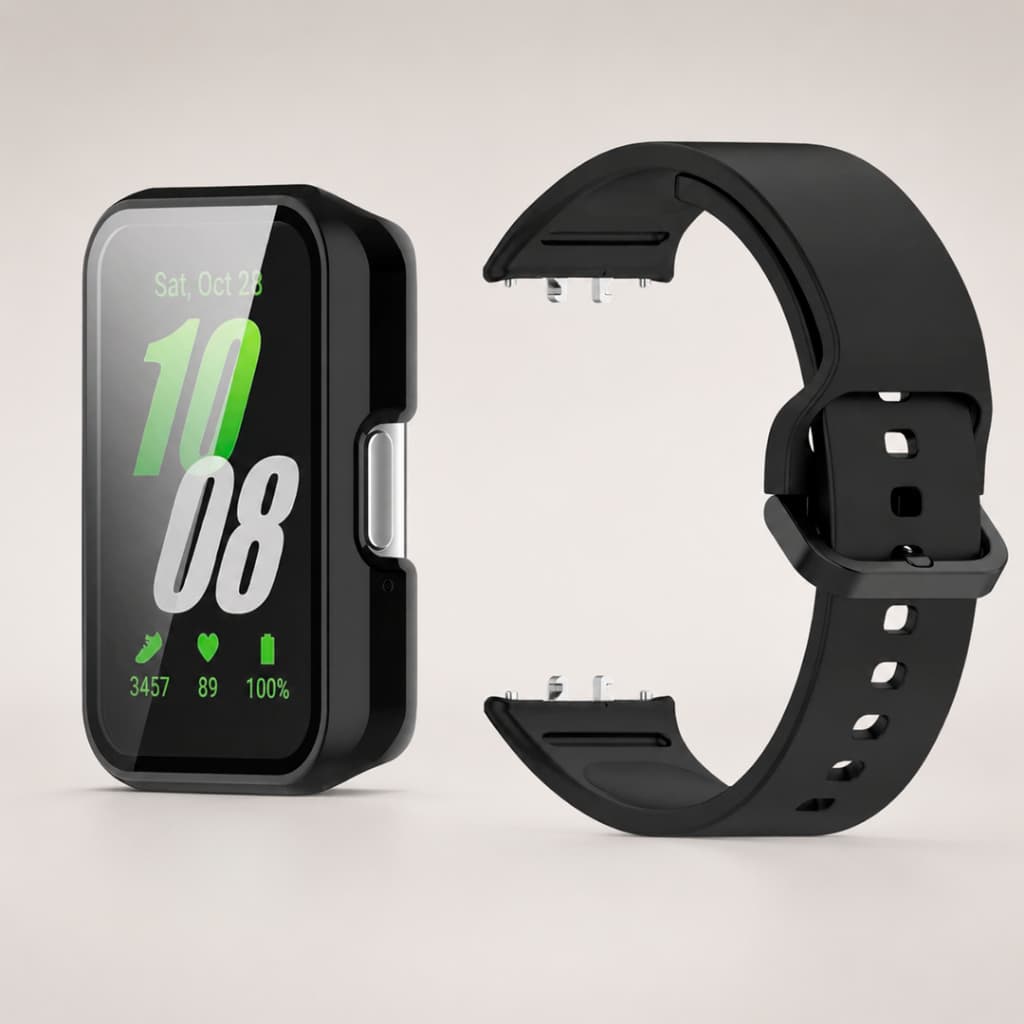 Kit Capa Bumper Com Película de Vidro + Pulseira de Silicone para Relógio Samsung Galaxy Fit3 Smartwatch Fit 3