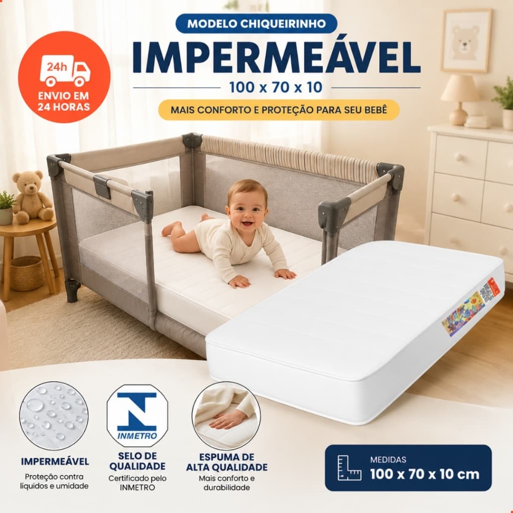 Colchão de Berço Chiqueirinho Moisés 100x70x10 Impermeável