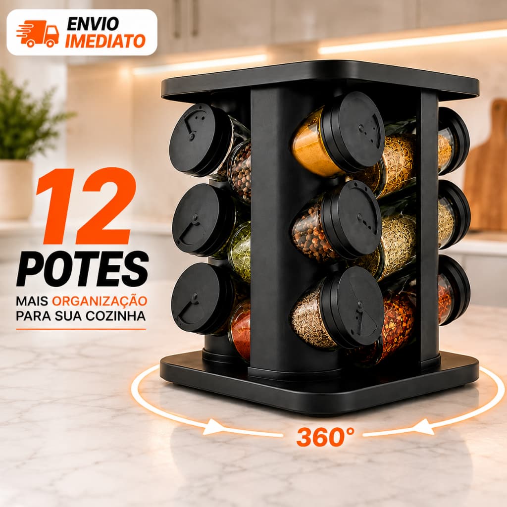 Porta Tempero Giratório 12 Potes de Vidro Preto 360 com Tampa Dosadora Organização Cozinha Condimentos