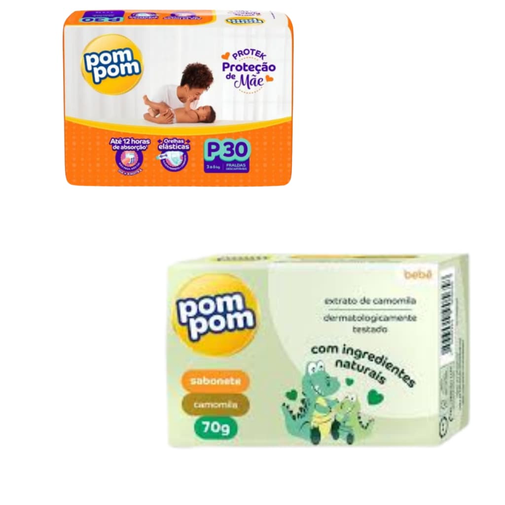 Kit Bebê Fralda Descartável Pom Pom + Sabonete em Barra Recém Nascido Enxoval Maternidade