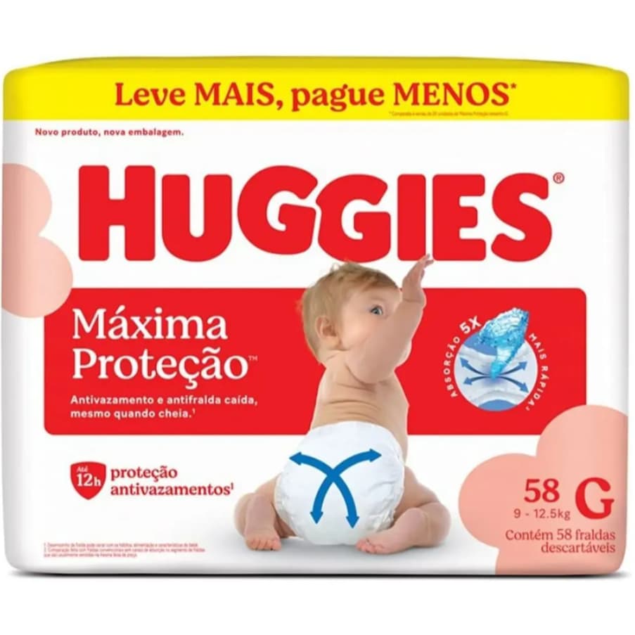 Fralda Descartável Huggies G 58 Unidade Anti Vazamento 12h Proteção