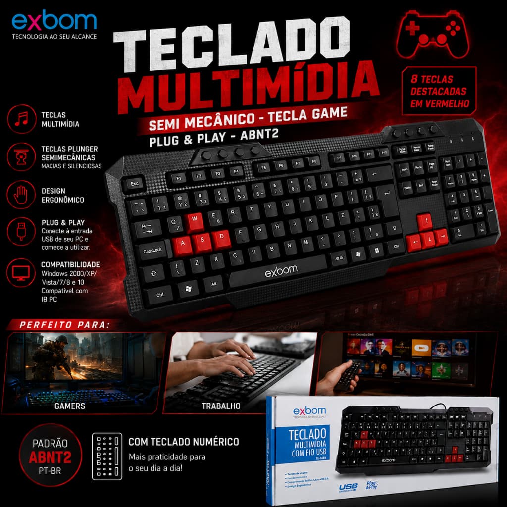 Teclado Computador Usb Multimídia Semi Mecânico Tecla Game Abnt2 Com Fio  BK-144M