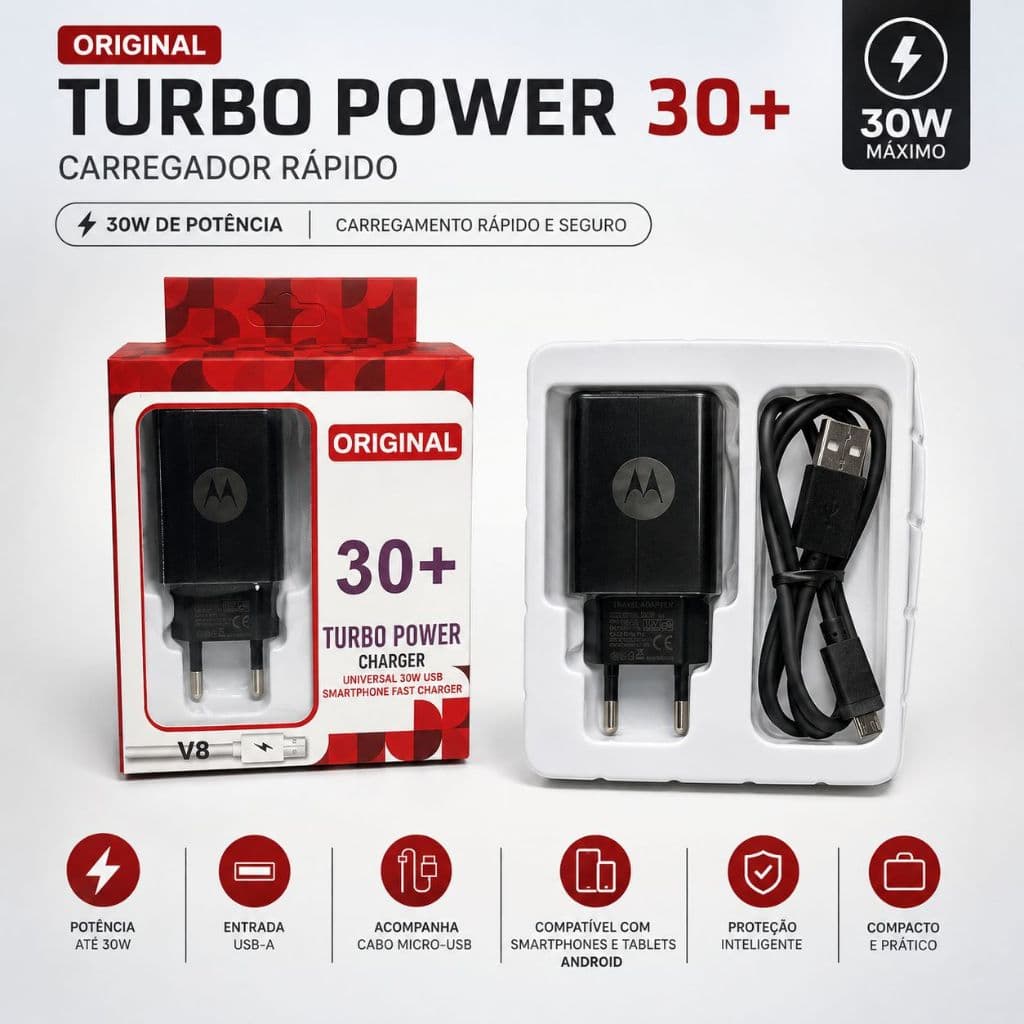 Carregador Turbo Power 30W USB-A + Cabo Micro USB Carregamento Rápido para Celular/Smarphone Android Fonte Bivolt