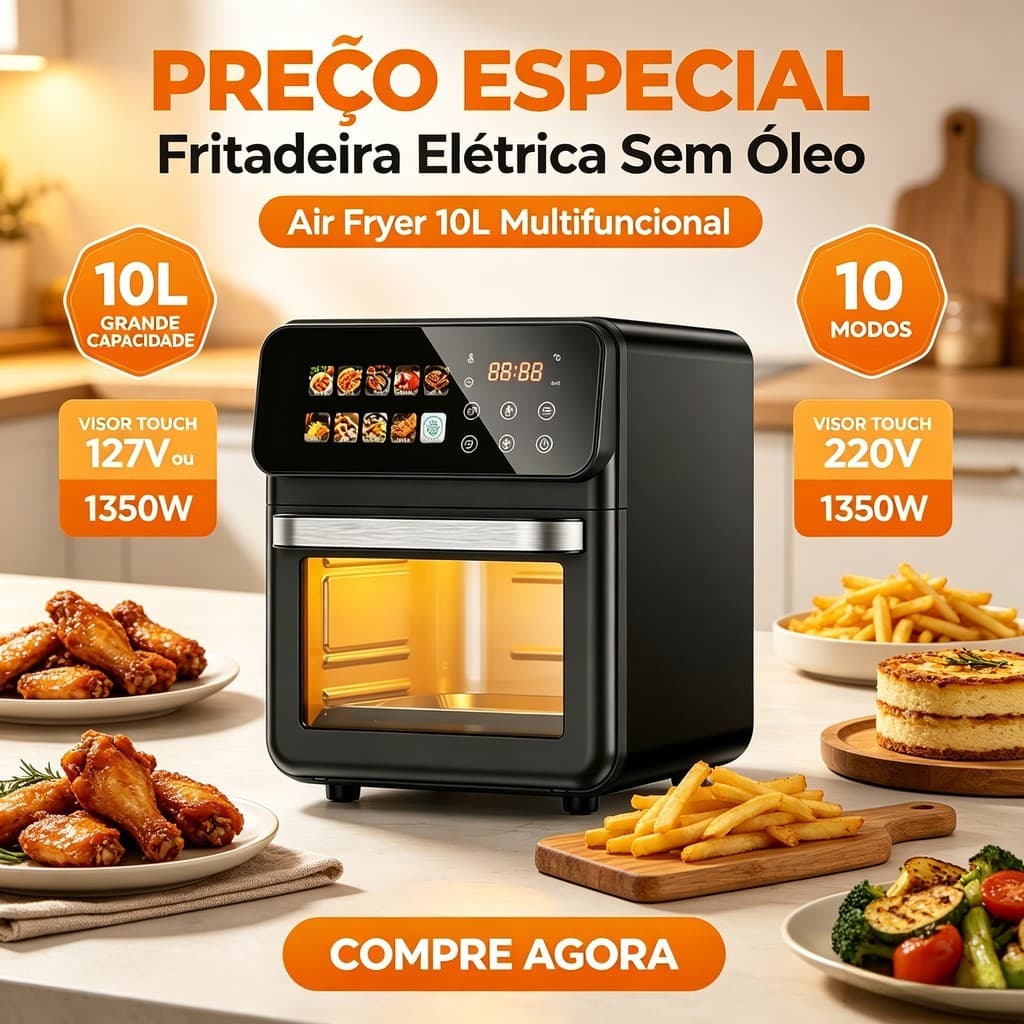 Air Fryer 10L 2 em 1 Fritadeira Sem Óleo Forno Família Grande Capacidade Assa Frita Reaquece Desidrata-D15
