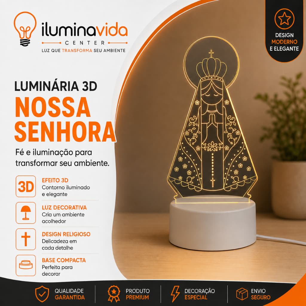 Luminária Abajur De Mesa Led 3D Criativo Nossa Senhora Aparecida Base Branca 3500K Abajur Acrílico