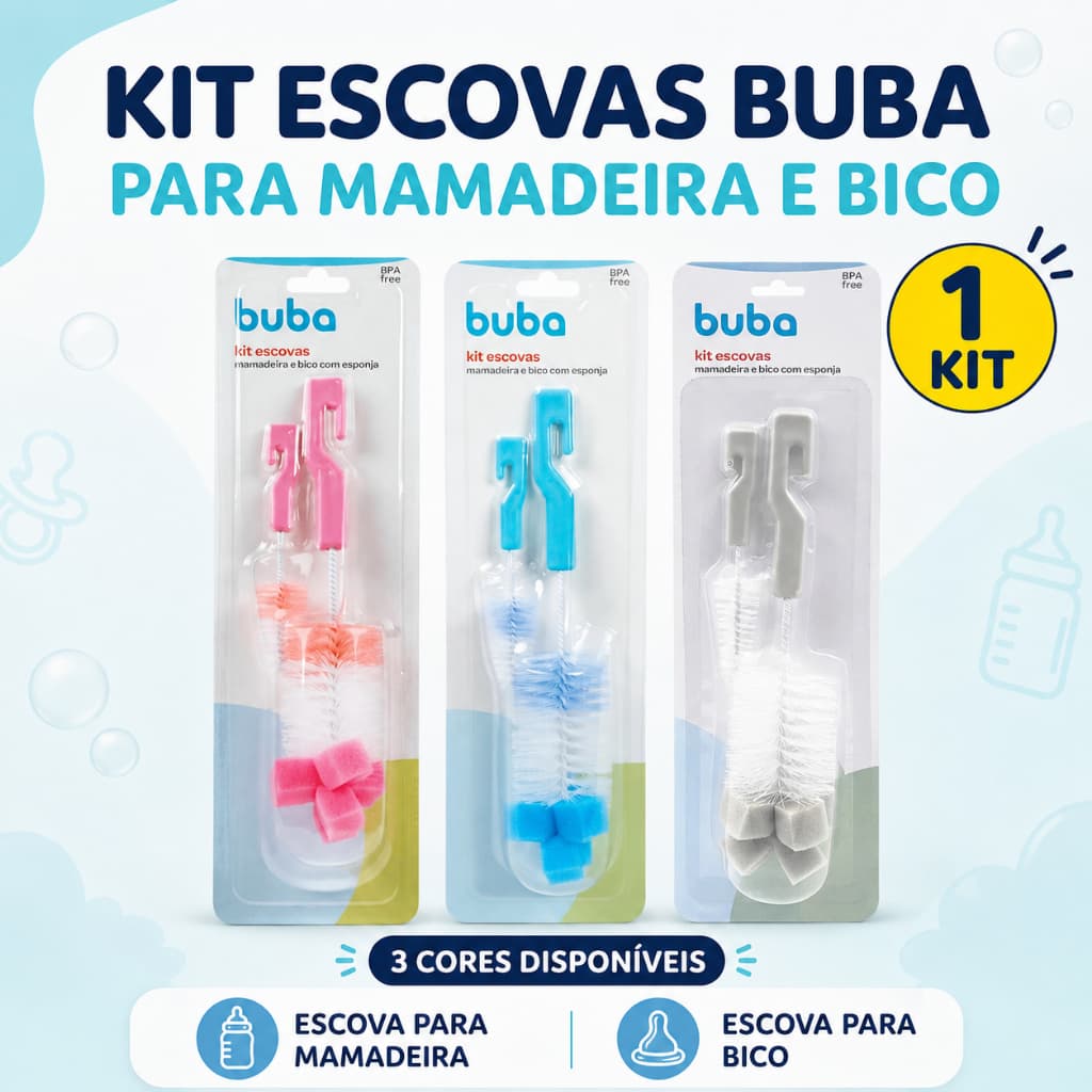 Kit Escova para Limpeza de Mamadeira e Bico Buba com Esponja