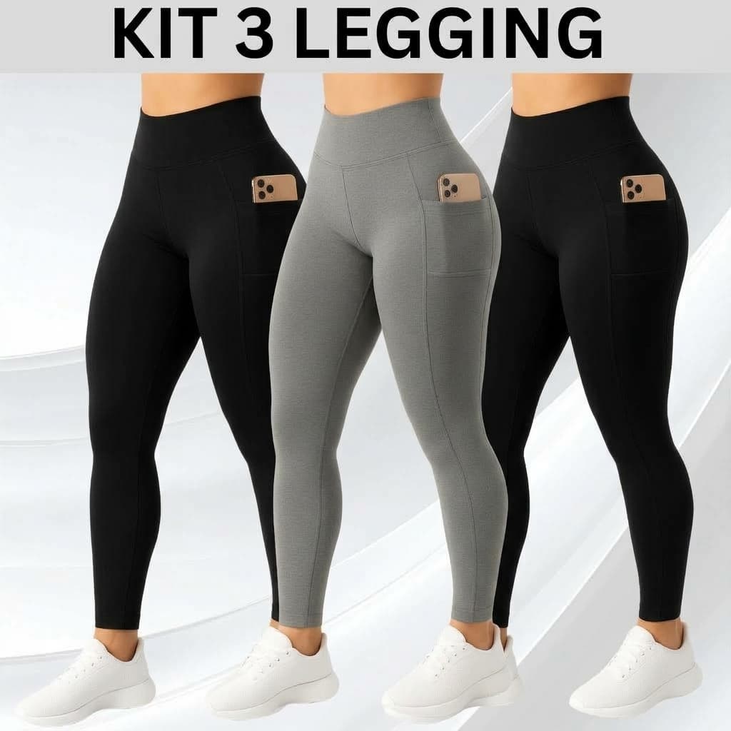 Kit 3 Calças Com Bolso Cintura Alta Reforçada Caminhada Fitness