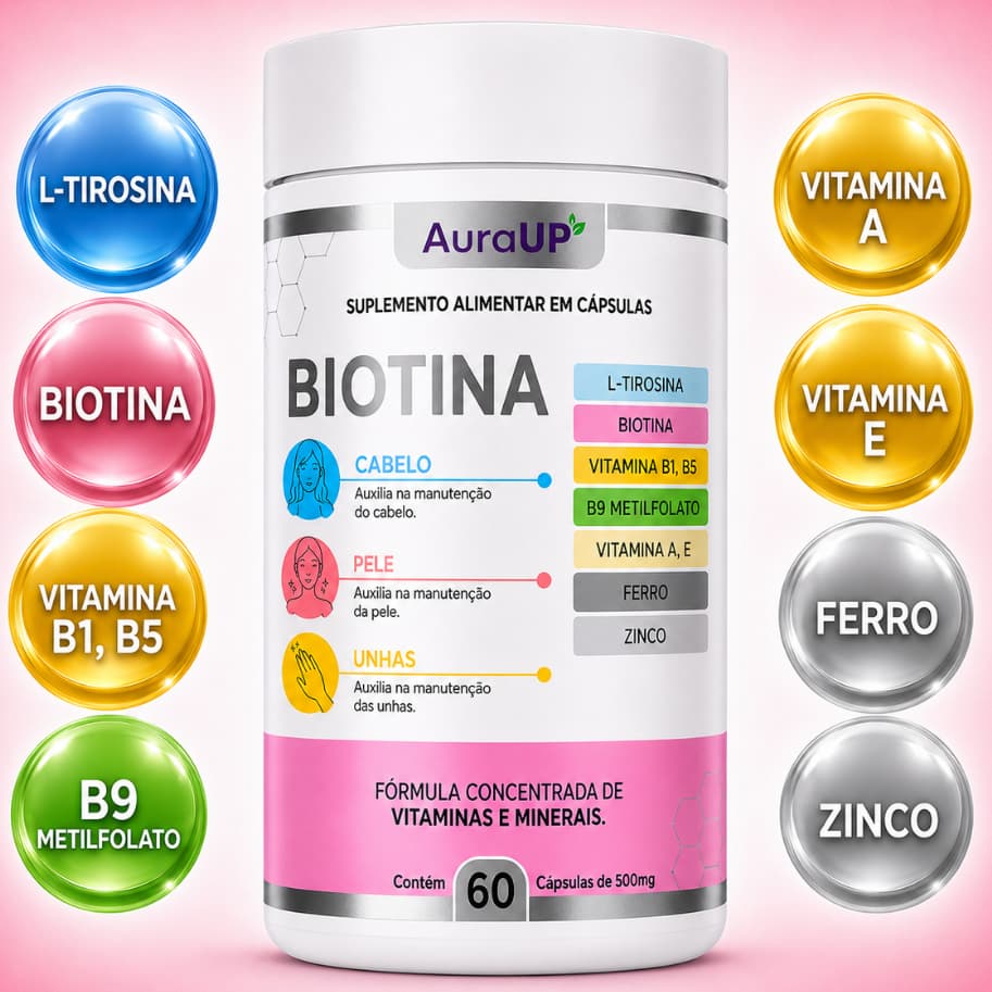 Biotina Concetrada + Vitaminas para Cabelo Pele Unha - B9 metilfolato B1 B5 vitamina A e E, H zinco AuraUP 60 Cápsulas