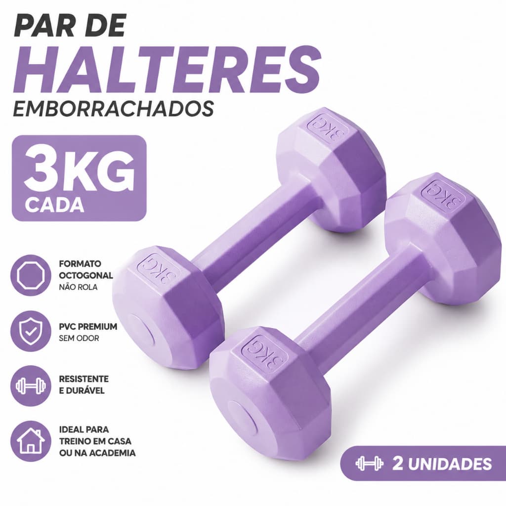 par de halteres emborrachados 3kg | peso de mão para musculação, pilates, treino academia e casa