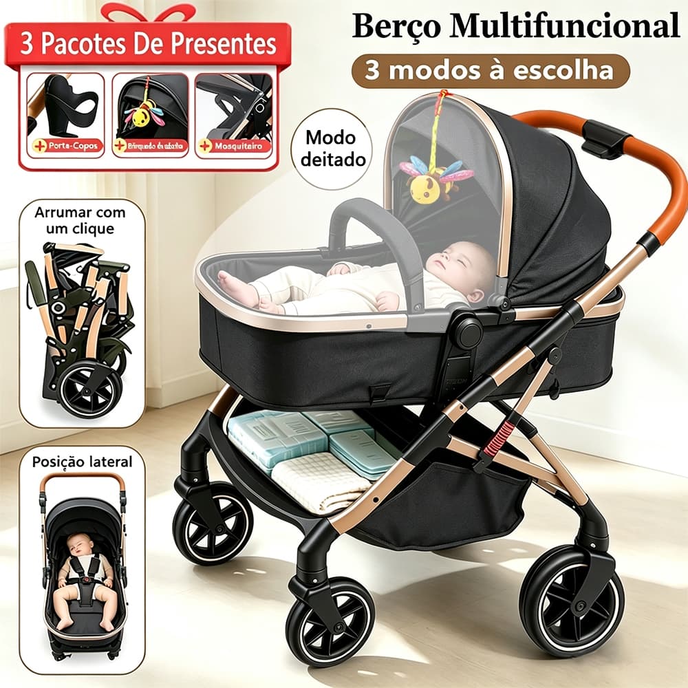 Carrinho De Bebê Multifuncional 3 Em 1 Moisés Bebê Conforto Reversível Dobrável Com Amortecimento Para Bebês 0 A 3 Anos
