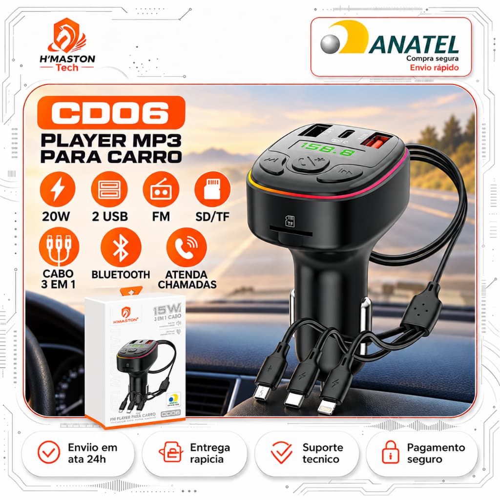 H'Maston CD06 Carregador De Celular Para Carro Carregador Veicular Adaptador Bluetooth Carro Carregador Veicular 3 Em 1