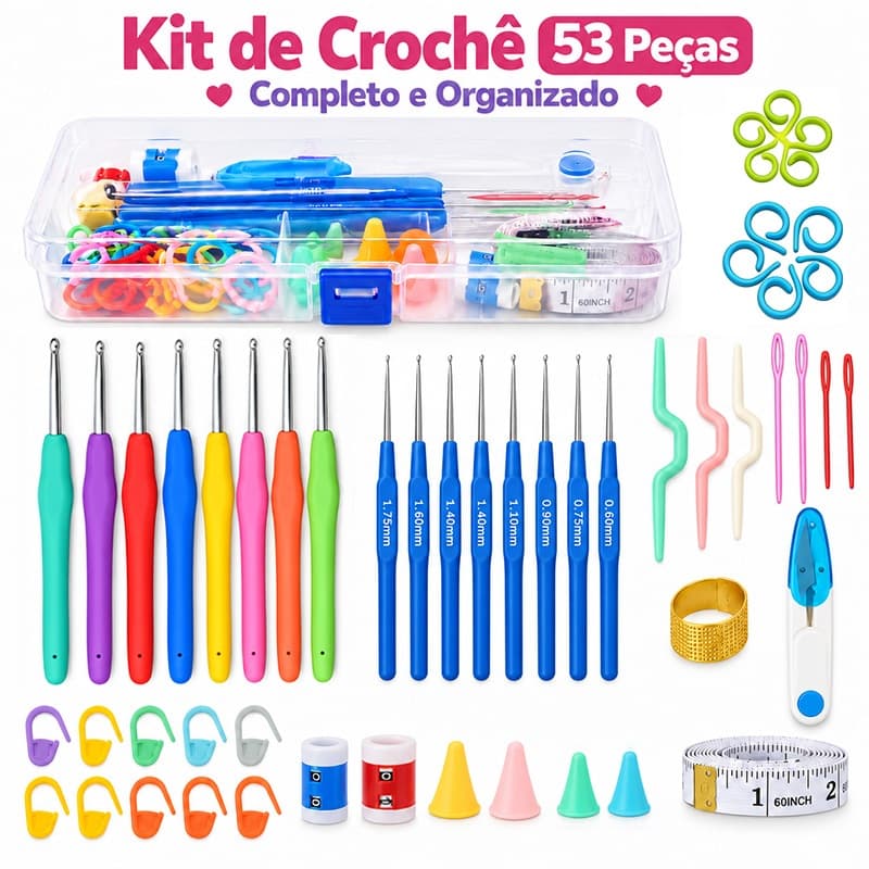 Kit Crochê Completo 53 Peças Agulhas Cabo Soft Tesoura Acessórios Para Amigurumi