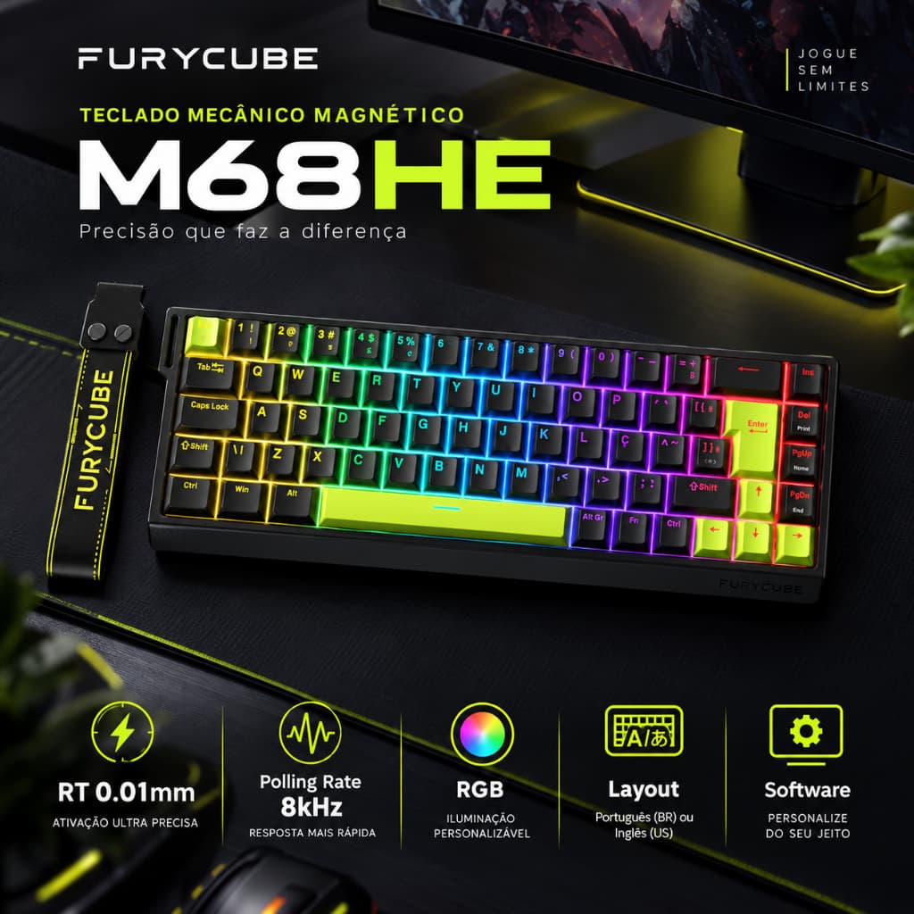 M68HE Teclado Mecânico Gamer ABNT2 RGB RT0.01mm 8kHz Magnético Switch USB Com Fio 0 Zona Morta NKRO FPS Shooter