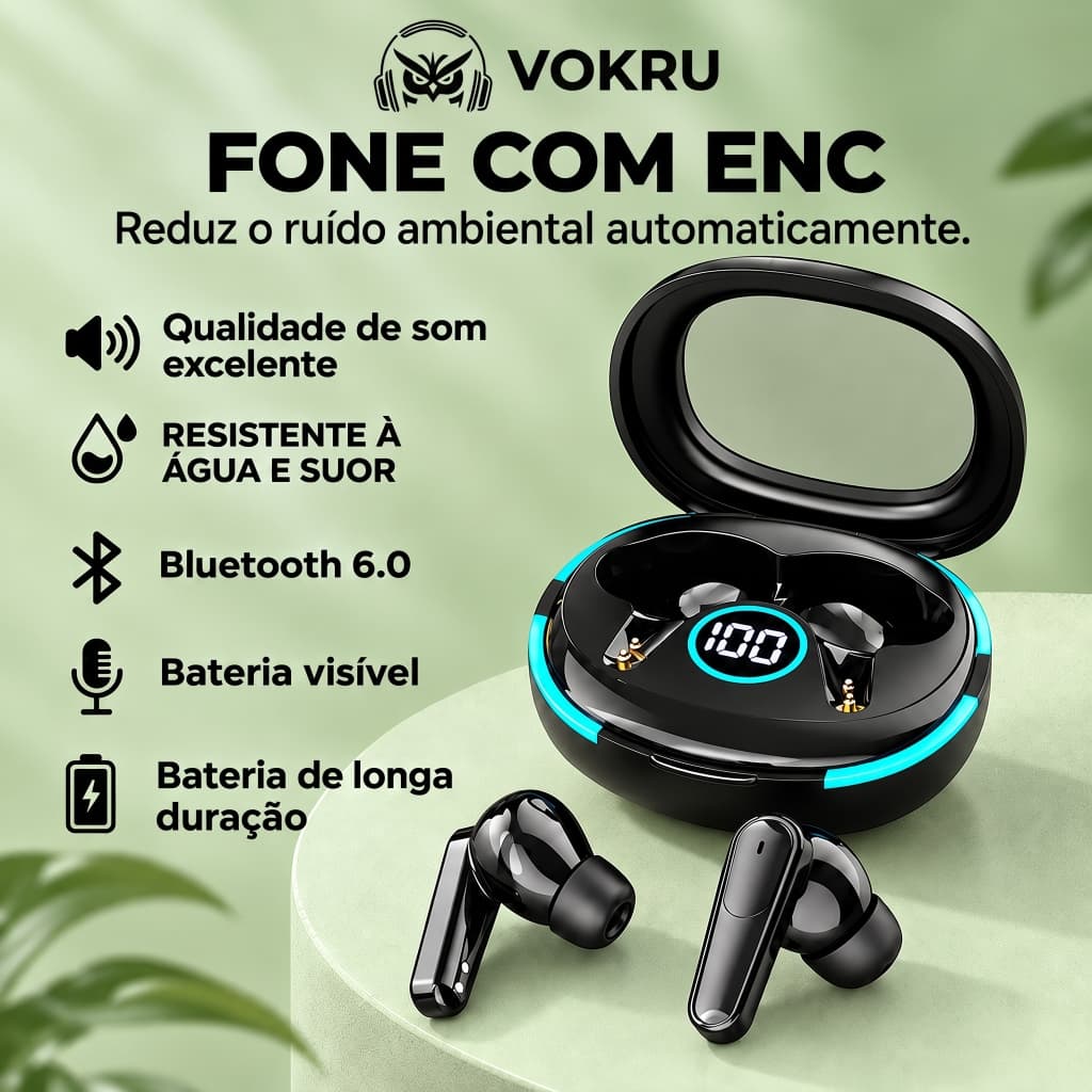 Fone de Ouvido Bluetooth com ENC E LED I Bateria de Longa Duração I Chamadas HD I Fone de Ouvido Resistente ao Suor