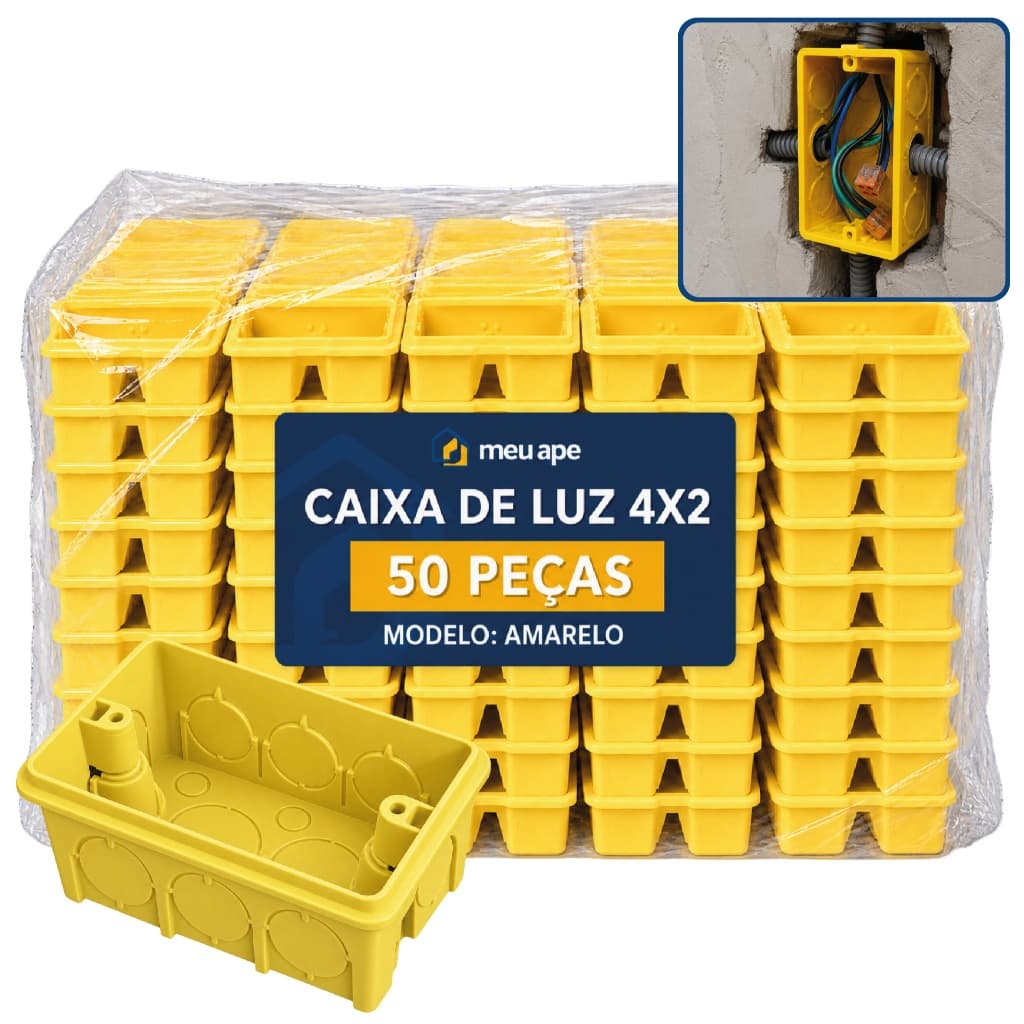 50 Caixa de Luz 4x2 Reforçada P/ Tomada Interruptor Preto/Amarelo Energia Embutir Meu Ape